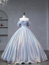 Blue Tulle Sequins Long Formal Dress, Off the Shoulder Princess Dress Sweet 16 Dress